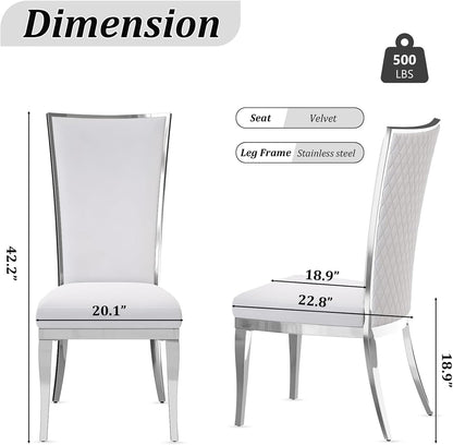 AUZ White and Silver Dining Chairs, Modern Velvet Upholstered Dining Room Chairs with High Back and Mirrored Metal Legs for Restaurant Kitchen, Set of 2