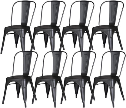 Set of 8 Midnight Black Metal Dining Chairs, Classic Tolix Style Stackable Kitchen Chairs, Durable Steel Seating for Indoor Cafe & Bistro