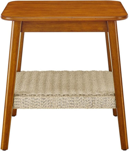 23" Mid-Century Side Table with Woven Shelf and Storage, for Living Room Couch Bedroom Patio Home Office,Dark Walnut (Side Table)