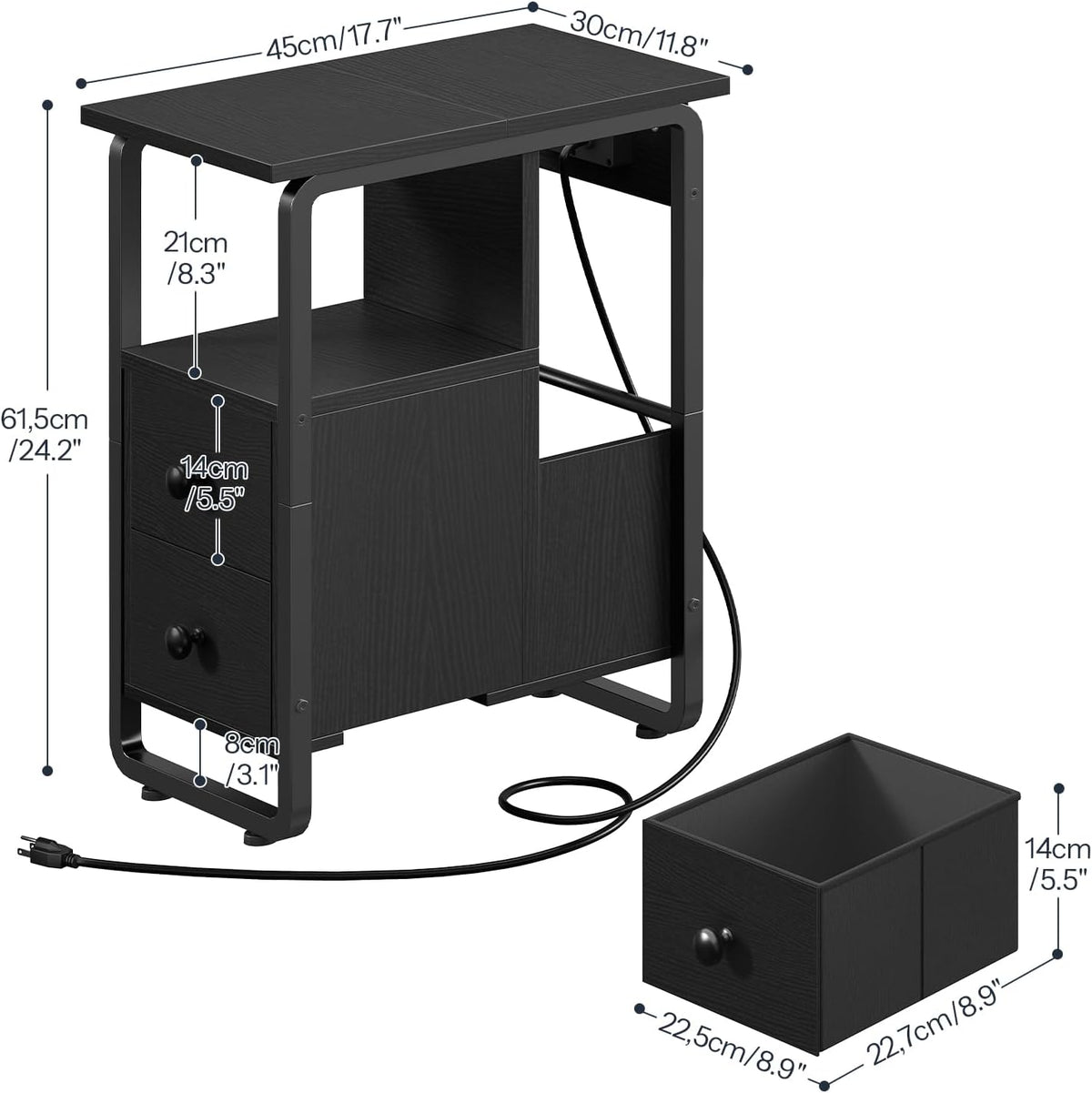 HOOBRO Narrow End Table with Charging Station & LED Lights, Slim Nightstand with 2 Fabric Drawers and Open Shelves, Narrow Side Table for Living Room, Bedroom, Black BB430UDBZ01