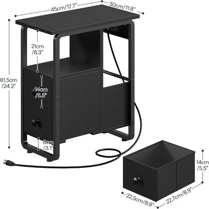 HOOBRO Narrow End Table with Charging Station & LED Lights, Slim Nightstand with 2 Fabric Drawers and Open Shelves, Narrow Side Table for Living Room, Bedroom, Black BB430UDBZ01