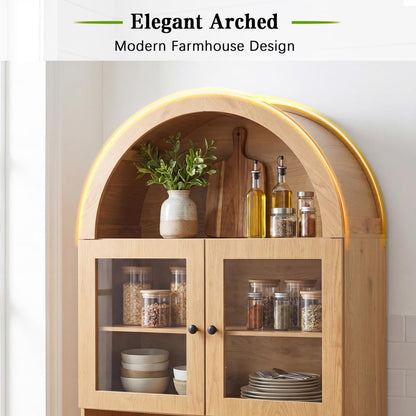 75" Farmhouse Tall Arched Pantry Cabinet with Charging Station, Adjustable Shelves, Coffee Bar Open Countertop, Oak (Oak + MDF)