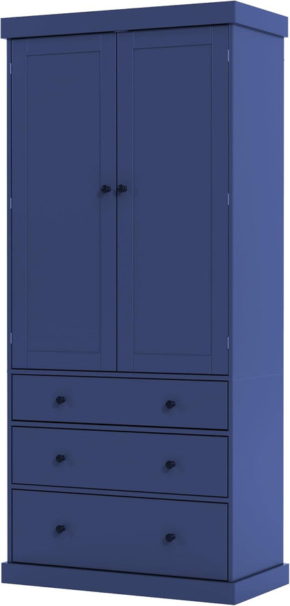 Tall Kitchen Pantry Cabinet Wood Freestanding Large Cupboard with 3 Drawers, 8 Door-Shelf and Adjustable Shelves for Dining Room (Blue)