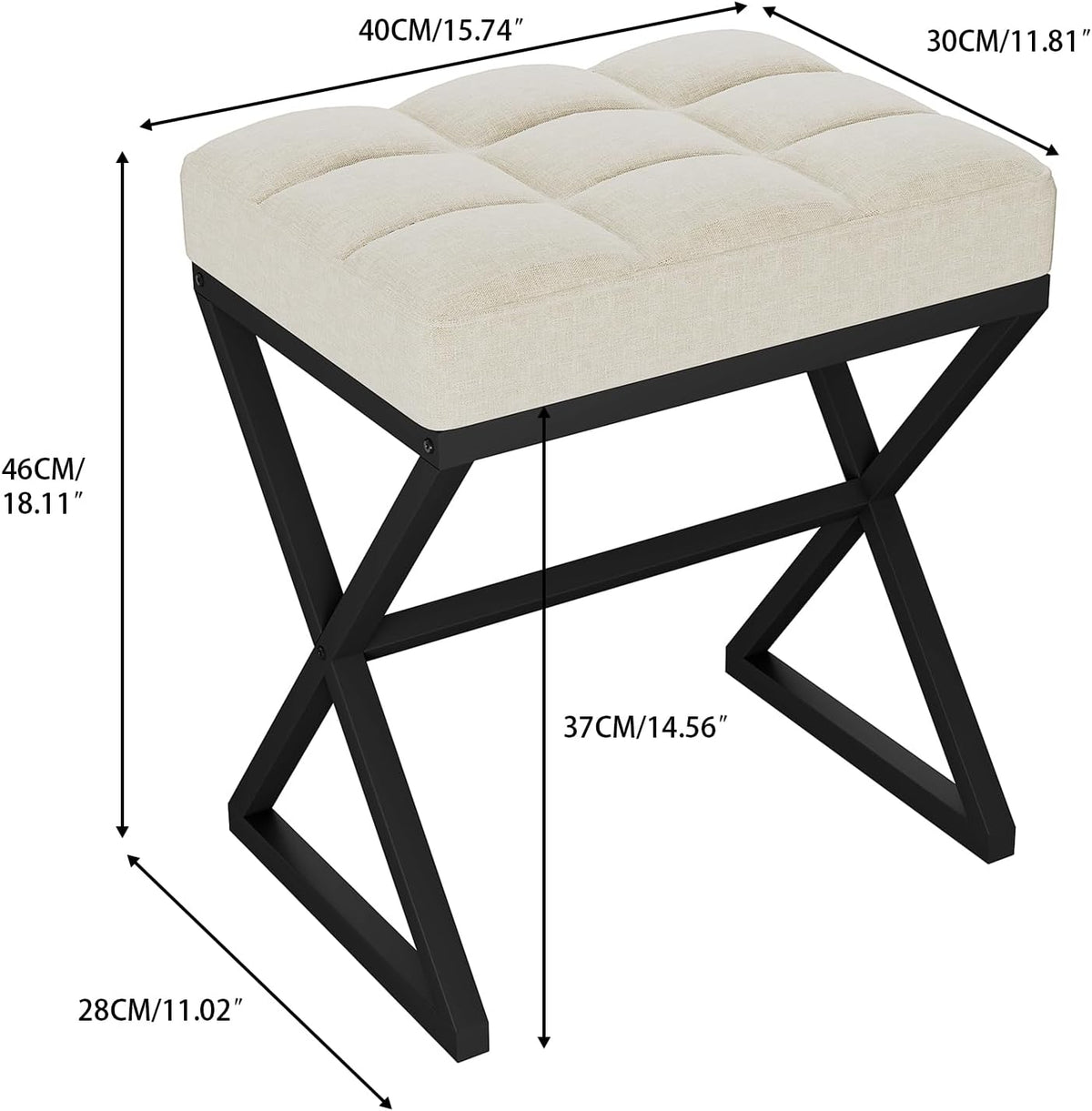 YMYNY Vanity Stool, Linen Footrest Stool, Ottoman Bench with X-Shaped Metal Legs, Makeup Dressing Stool for Vanity, Living Room, Bedroom, Entryway, Hallways 15.74" D×11.81" W×18.11" H Beige UHBD033Y