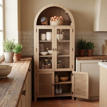Patikuin Tall Arched Cabinet, Arched Pantry Cabinet with 4 Doors & 6 Open Shelves, 71 Inch Farmhouse Kitchen Arched Cabinet for Living Room, Dining Room, Kitchen Bathroom