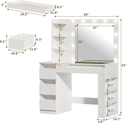 HUAHUU Vanity Desk with Lighted Mirror & Transparent Top, Makeup Vanity Desk with 4 Transparent Drawers and RGB Lighting, Built-in Power Outlet, 3-Tier Side Shelves & Storage Organizer for Bedroom