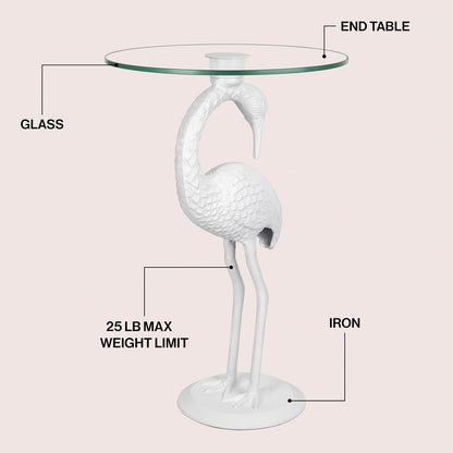 JONATHAN Y Blanche 25" White Iron and Glass Flamingo End Table with Sculptural Base, Round Accent Side Table for Living Room, Bedroom, Coastal Decor, White END1006C