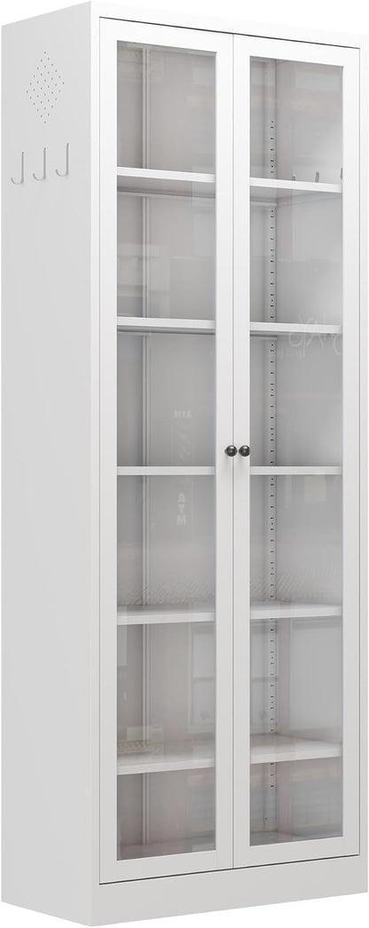 Metal Kitchen Pantry Cabinet – 72" Tall Storage with 5 Adjustable Shelves, White Freestanding Cabinet for Kitchen/Pantry/Bathroom – Heavy Duty Steel Frame, Glass Door