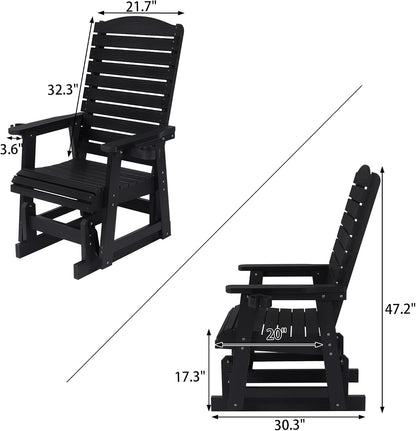 Poly Lumber Patio Glider for One Person, with Cup Holders, High Backrest and Deep Contoured Seat, HIPS Material, All-Weather Resistant, Heavy Duty 700 Pounds (Black)