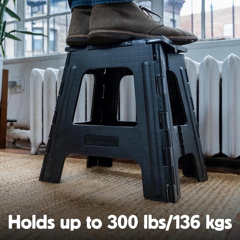 Kikkerland Rhino Foldable Step Stool – Holds Adults up to 300 Lbs, Best for Kitchen & Bathroom – Collapsible, Portable, Lightweight Stepping Stool with Sturdy, Non-Slip Design – Black, 15”