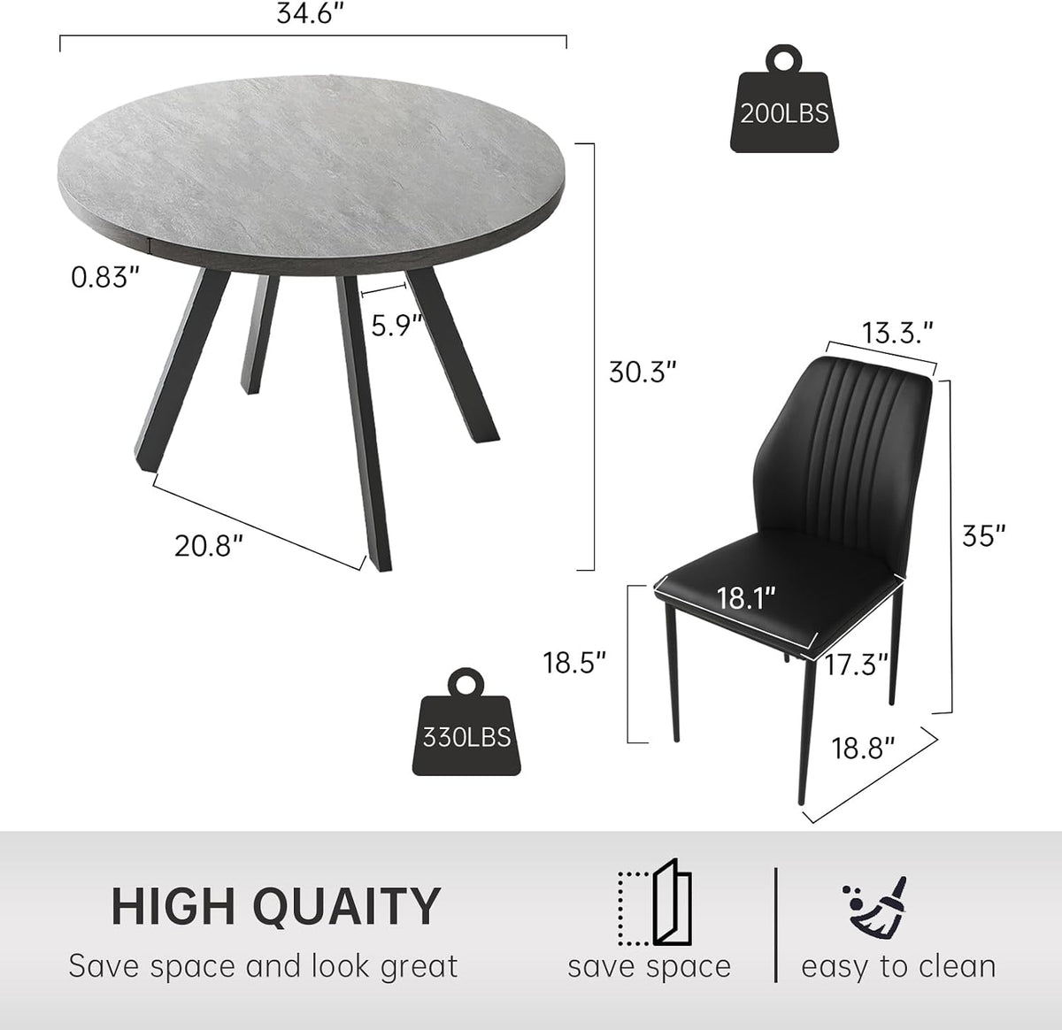 Zerifevni 34.6'' Round Dining Table and Chairs for 2, Space Saving Modern Casual Coffee Table Set for Apartment Kitchen Dining Room (Grey Table+2 Balck Chairs)