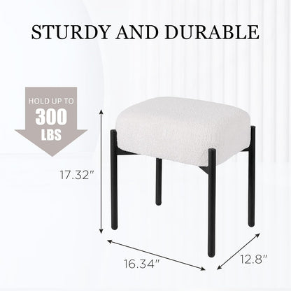 Vanity Stool Chair Faux Fur, 16.3" L x 12.8" W x 17.3" H Soft Ottoman, Makeup Chair Bench Furry Padded Seat with 4 Metal Legs, Footstool Multifunctional Chairs for Bedroom, Living Room, White