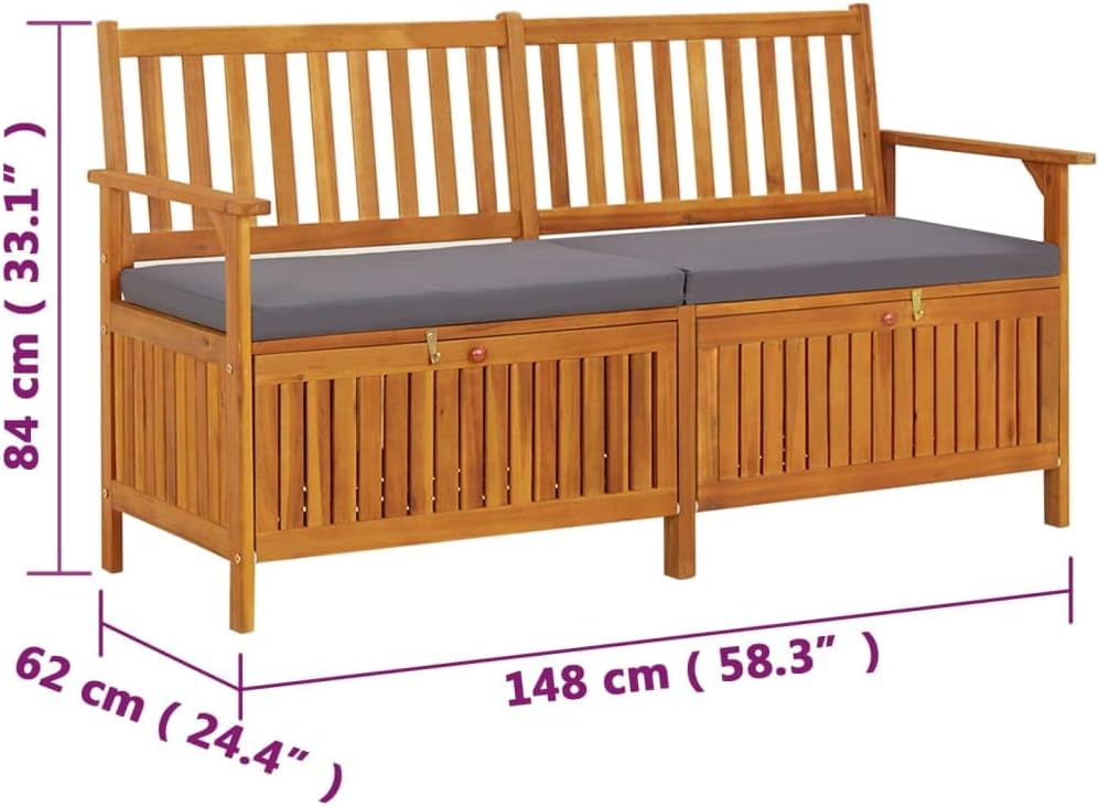 Outdoor Storage Bench with Cushion 58.3 inch Solid Acacia Wood Patio Entryway Seating with Hidden Compartment for Garden Deck Hallway Gray