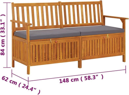 Outdoor Storage Bench with Cushion 58.3 inch Solid Acacia Wood Patio Entryway Seating with Hidden Compartment for Garden Deck Hallway Gray