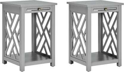 Alaterre Furniture Coventry 2-Pack Wood End Tables – Compact Side Tables with Pull-Out Tray, Bottom Shelf, and Open Square Side Panels – Easy Assembly Storage Tables for Living Room or Bedroom (Gray)