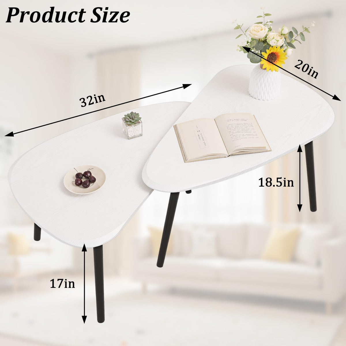 Nesting Triangle Coffee Table End Tables Set of 2 for Living Room Bedroom, Industrial Small Stacking Side Tables for Couch, White