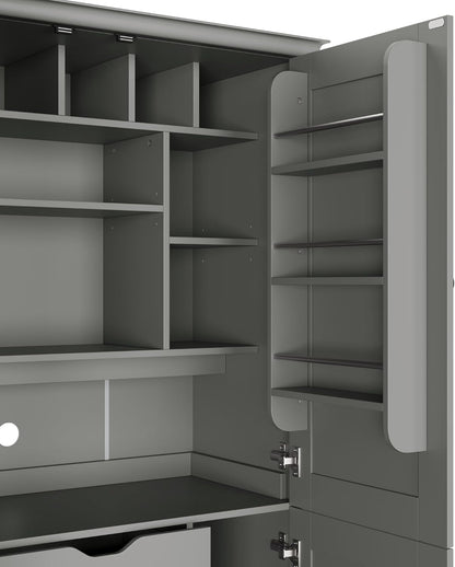 Virubi 42.3x20.0x70.9 inch Freestanding Kitchen Pantry Cabinet, Tall Storage Workstation with 4 Doors, 3 Drawers, 6 Door Shelves, Removable Shelves & 6 Wine Racks for Dining (Grey)