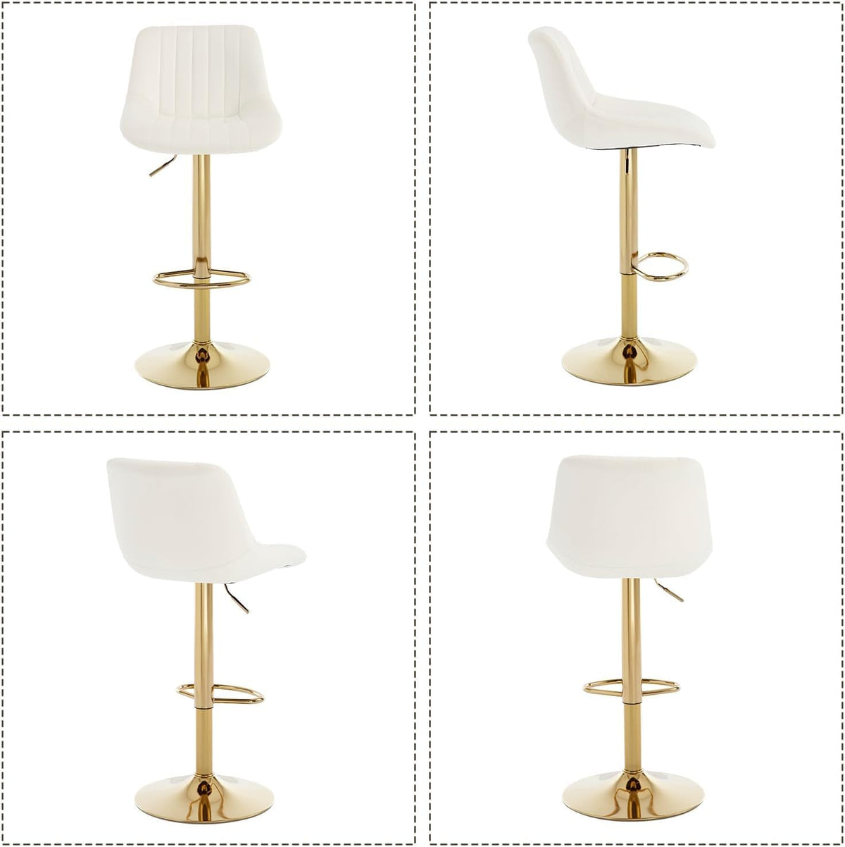 Barstools Set of 3, Golden-Cream, Adjustable Swivel Bar Stools | With Back, Armless Upholstered, Gold Bar Stool with Velvet Seat, For Kitchen Island/Cafe/Dining