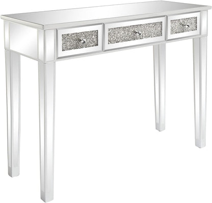 VINGLI Silver Mirrored Vanity Desk, Makeup Vanity Desk, Glass Desk with 3 Drawers, Glass Vanity for Women Girls Bedroom, Makeup Room & Office Writing Desk