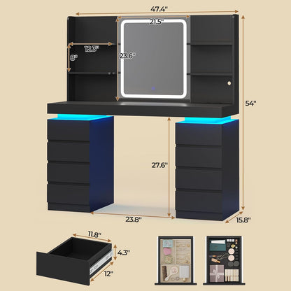 ADORNEVE Vanity Desk with Mirror & Lights, 8 Drawers Black | Built-in Charging Station, Large Makeup Vanity with RGB Lights Floating Desk, for Women Girls Bedroom