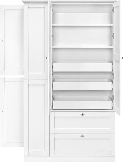 RUNNA 73.6" Tall Farmhouse Kitchen Pantry,Freestanding Large Capacity Storage Organizer with Customizable Shelves & Anti-Tip Safety - Perfect for Living Room & Home (White1)