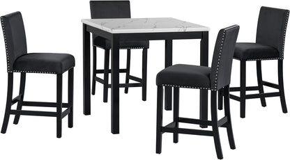 Merax Dining Table Set, 5 Piece Counter Height Dining Table Set with Faux Marble Dining Table and 4 Upholstered-Seat Chairs, Dining Room Table Set for Kitchen/Living Room, Black