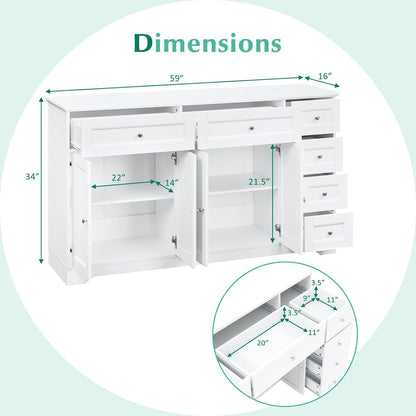 Giantex Large Buffet Cabinet with Storage, 59” Kitchen Cabinet with 4 Doors, 6 Drawers & 2 Adjustable Shelves, Modern Sideboard for Living Room, Coffee Bar, White