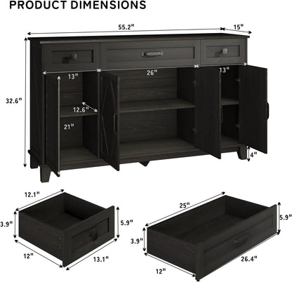 Farmhouse Buffet Cabinet with Drawers, 55" Large Sideboard Kitchen Buffet Storage Cabinet with 3 Adjustable Shelves and Doors Heightened Table Wood Coffee Bar for Kitchen Living Room, Black
