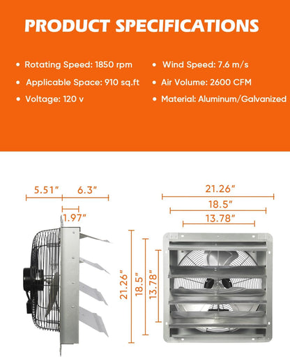 JVO 18 Inch Shutter Exhaust Fan - 2600 CFM High Velocity Wall Mounted Ventilator, 1.8m Power Cord, Auto Shutters - for Garage, Attic, Greenhouse, Shed, Shop, Workshop & Industrial Ventilation