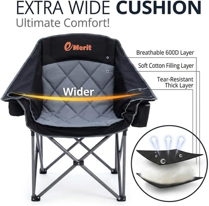EMERIT 2 Pack Oversized Padded Camping Chairs, Heavy Duty 450 LBS Capacity Outdoor Folding Quad Chair with Cup Holder, Portable for Camping, Tailgating, Sports, Backyard & Patio, Black