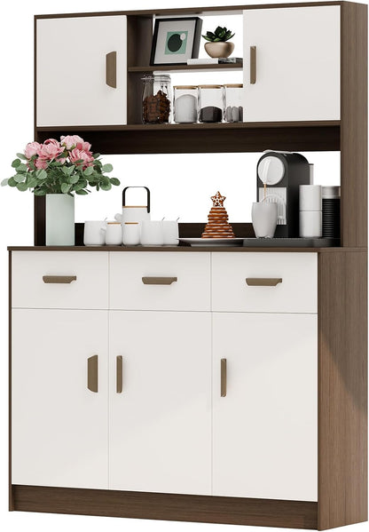 Kitchen Pantry Storage Cabinet, Hutch Cabinet with Buffet Cupboard, Utility Pantry with Microwave Stand, Household Wall Tall Sideboard with 3 Drawers, 5 Doors Open Shelves for Kitchen, Dinin