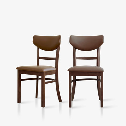 Livinia Bay Dining Chair Set of 2, Solid Malaysian Oak PU Leather Upholstered Cushion Seat, Curved Back Side Chairs (Walnut)