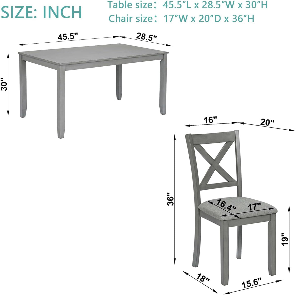 LUMISOL 5-Piece Dining Table Set for 4, Farmhouse Kitchen Table Set with 4 Upholstered Chairs, Wood Table and Chairs Set for Dining Room, Kitchen, Small Space, Grey
