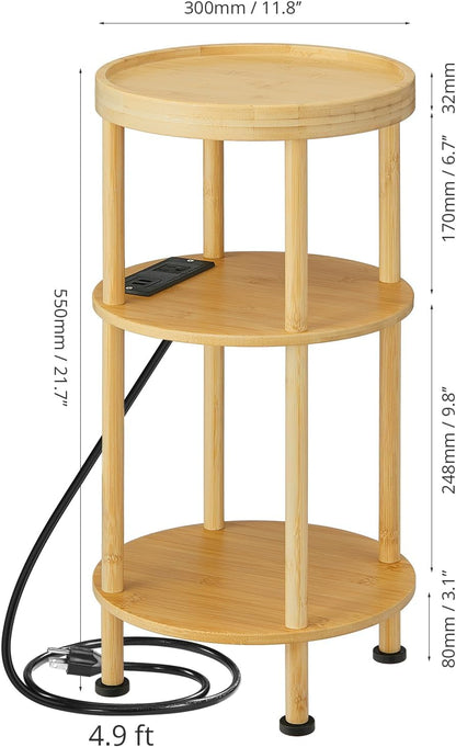 3-Tier Bamboo Round Side Table with Charging Station, Small Round Bamboo End Table with USB Ports & Power Outlets - Corner Table Sofa End Table for Living Room, Bedroom (with Outlet, Natural)
