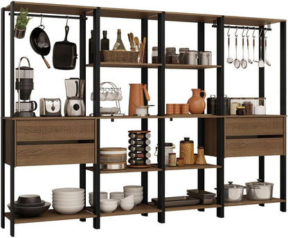 Madesa Kitchen Pantry Storage Rack with 4 Drawers, Open Shelves and Hanging Spaces 102" L Multiuse Modular Cabinet for Kitchen Organization - Black/Brown