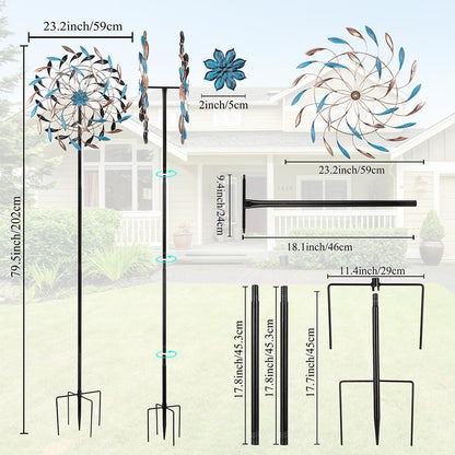 DREAMYSOUL Wind Spinner Outdoor, 23" Dia Metal Windmills with Blue and Copper Leaves, Kinetic Wind Spinners & Sculpture for Yard and Garden