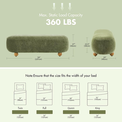 Hyfirm 54" Green Chenille Upholstered Bench – End of Bed Ottoman with Round Solid Wood Legs, Long Oval Footstool for Entryway & Hallway, Padded Seat (No Back)