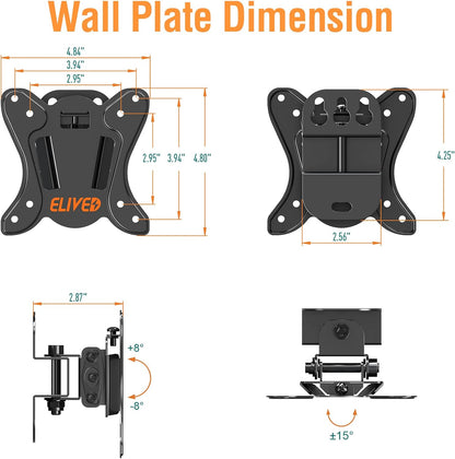 ELIVED Small TV Monitor Mount for 13-30" Screens, VESA 100x100, 33 Lbs Load | Adjustable tilt & swivel bracket, single stud center mounting, compatible with LED LCD OLED small screens