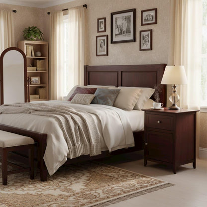 Furnifact Farmhouse End Table in Solid Wood Walnut Finish, Wooden Nightstand with Drawer and Cabinet, Side Table with Storage for Bedroom Or Living Room