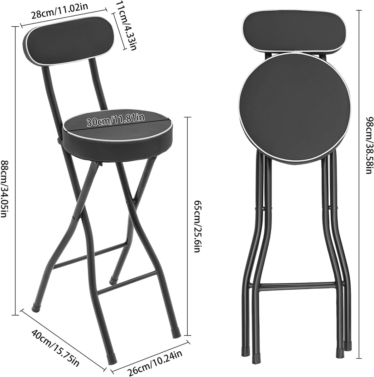 2Pcs-Folding Bar Stool with Back, Black Tall Foldable Chair Counter Height Collapsible Stool PU Leather Padded for Kitchen Island, Restaurant, Bar, Cafe Shop, Outdoor Camping