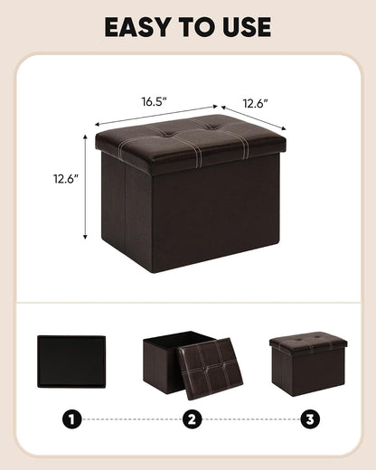 B FSOBEIIALEO Folding Storage Ottoman, 16.5" Faux Leather Ottomans, Brown | Small Ottoman Foot Rest with Padded Seat, Rectangle Coffee Table Chest Bench, for Dorm Living Room