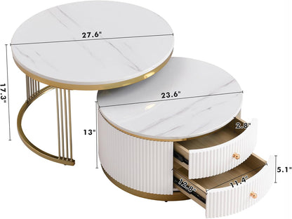 Modern 2 Pieces White Round Nesting Coffee Table with Drawers in 27.6''