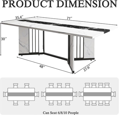 JassmiPkwy 71 Inch Dining Table for 6 8 10 People, Rectangular Faux Marble Kitchen Dining Table Wooden, Modern Large Tabletop and Metal Adjustable Feet, White