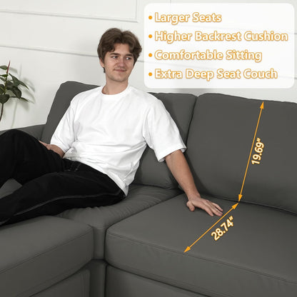 EASE MOOSE Modular Sectional Couch, U Shaped Couch for Living Room, Grey | Pet-Friendly Faux Leather, Oversized Deep Seat, Easy to Clean, Solid Wood Frame, Easy Assembly, Scratch Resistant