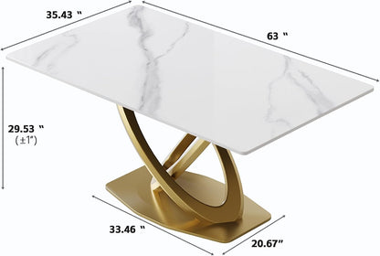 Montary Artificial Marble Dining Table, Modern 63”Sintered Stone Dining Table for 4-6 Seat, White Rectangle Dining Room Table with Gold Double-Ring Stainless Steel Base (Only Table)