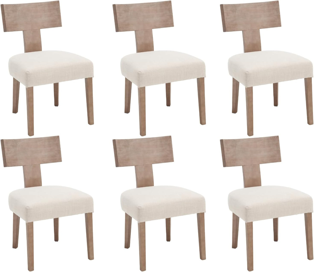 Linen Dining Chairs Set of 6 with Natural Wood Legs, Farmhouse Upholstered Side Chair with Curved Backrest for Living Room/Restaurant, Beige-Light Brown Legs