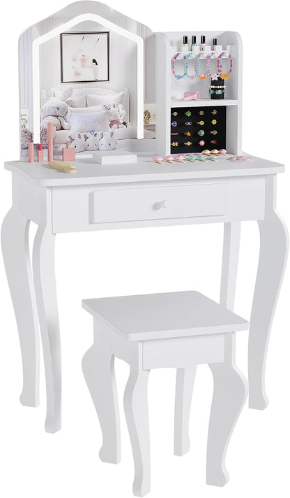 Kids Vanity with Lighted Mirror | Toddler Vanity Table and Chair Set, Girls Makeup Playset, White