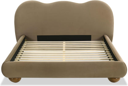 Furniture of America Lunaria Modern Velvet King Platform Bed with Camelback Headboard and Round Bun Wood Feet, Upholstered Bedframe for Bedroom, Guest Room, No Box Spring Needed, Brown