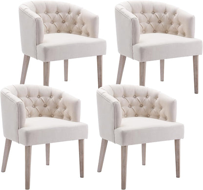HEAH-YO Modern Dining Chairs Set of 4, Tufted Dining Room Chairs with Barrel Backrests, Upholstered Linen Kitchen Chair for Dining Room, White