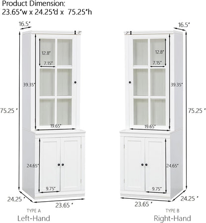 Havemies 75" Freestanding Pantry Cabinet with Glass Lattice Door, Large Farmhouse Kitchen Storage with Double-Action Hinges for Dry Food & Supplies, White